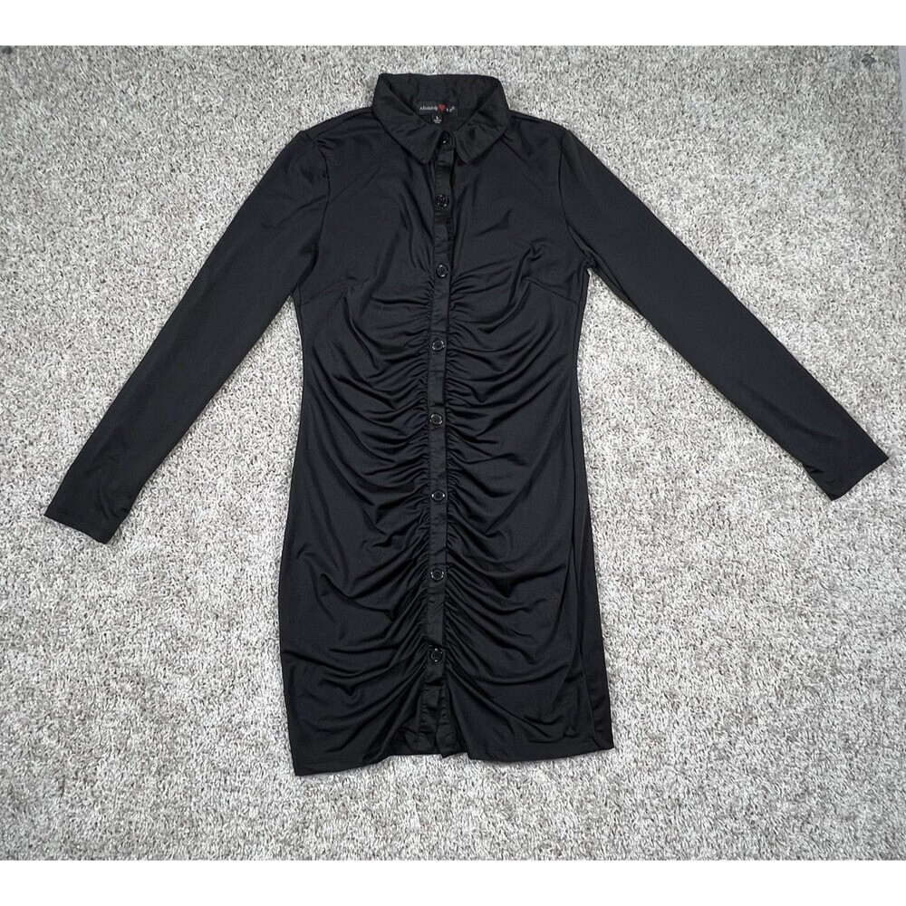 Absolutely It Womens L Black Ruched Button Front Shirt Dress Bodycon